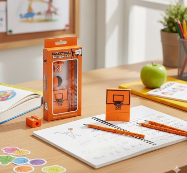 Football & Basketball Stationery Kit – Pencil, Sharpener & Eraser (Birthday Gift)