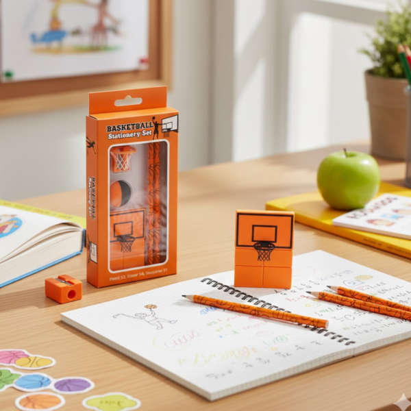Football & Basketball Stationery Kit – Pencil, Sharpener & Eraser (Birthday Gift)