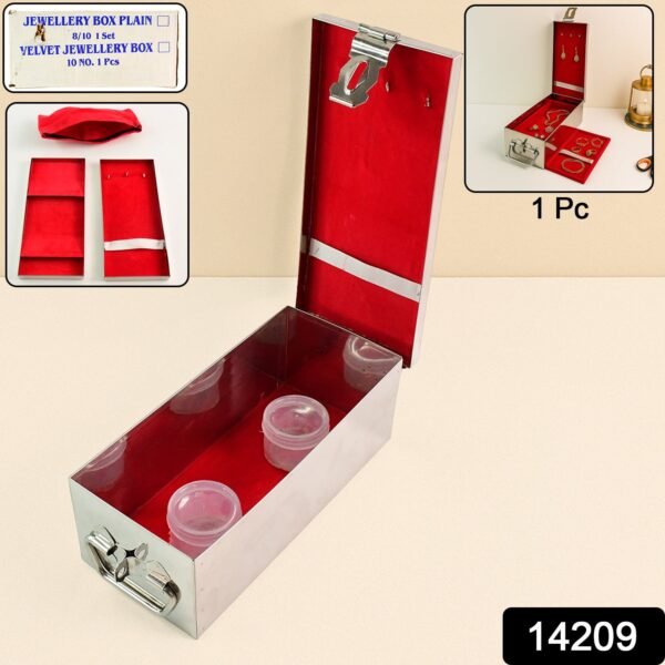 Premium Stainless Steel Velvet Lined Jewellery Storage Box with Lock and Red Interior
