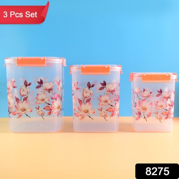 Square 3 Pcs Floral Printed Airtight Storage Container Set (3 Pcs Set)