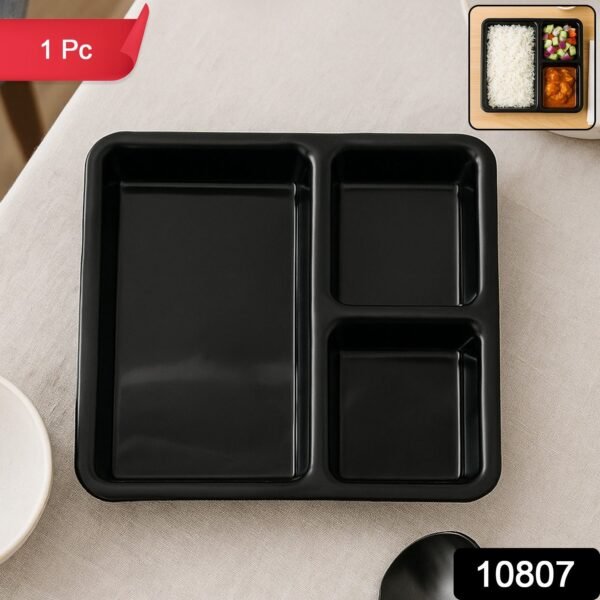 Plastic 3-Compartment Meal Serving Tray – Rectangular Dining Plate (1 Pc / Black)