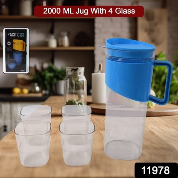 Transparent Premium Jug with Elegant Handle & 4 Plastic Glasses (2000 ML Approx)