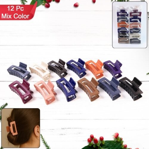 Matte Rectangle Hair Claw Clip for Women and Girls – Assorted Color Pack – 12 Pc