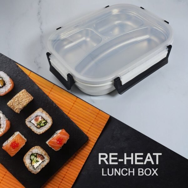 White Transparent Lunch Box – Stainless Steel with 3 Compartments for Kids & Adults