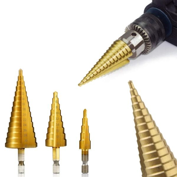 2_e05436bb-85af-467e-9ccf-bf7d6de3e8fb.jpg 3X Large HSS Steel Step Cone Drill Titanium Bit Set Hole Cutter (4-32, 4-20, 4-12mm)