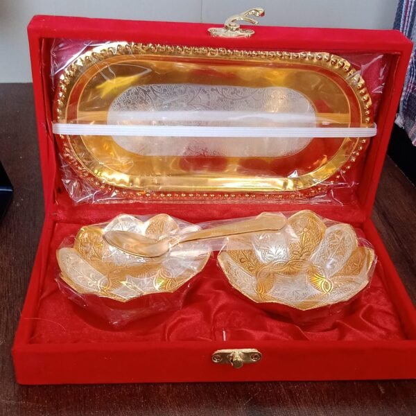 5-in-1 Gold & Silver Plated Bowl Spoon Tray Set with Velvet Gift Box