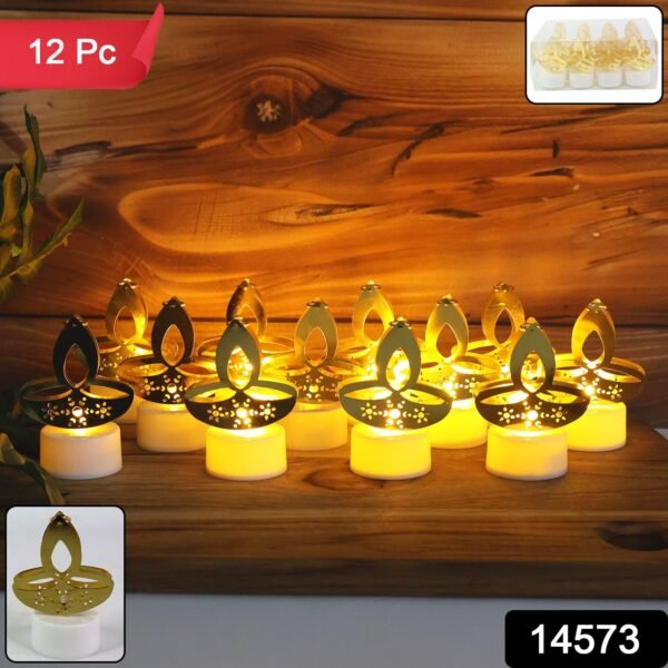 2d6f972b-5709-4ad3-9541-b6fd07810af9.jpg Golden Diya Shaped LED Tealight Candles (12 Pc)