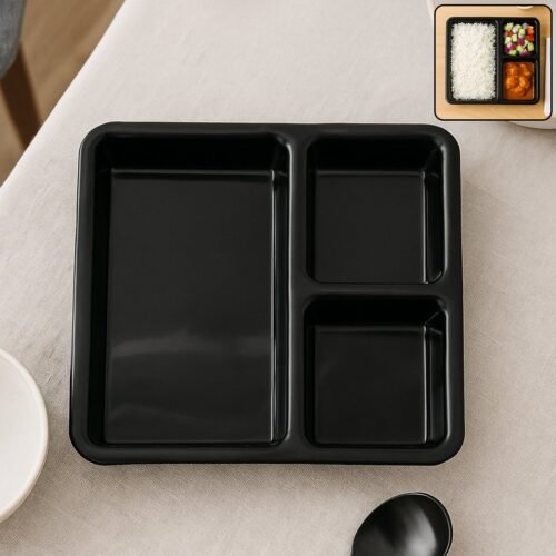 3-Compartment-Serving-Tray-01.jpg Plastic 3-Compartment Meal Serving Tray – Rectangular Dining Plate (1 Pc / Black)
