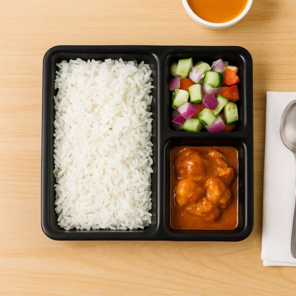 Plastic 3-Compartment Meal Serving Tray – Rectangular Dining Plate (1 Pc / Black)