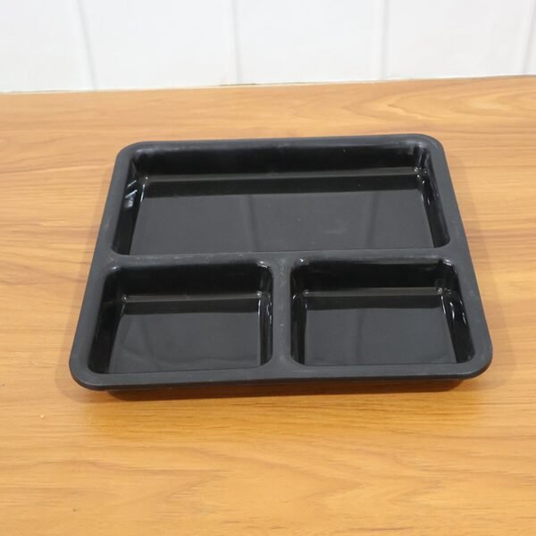 Plastic 3-Compartment Meal Serving Tray – Rectangular Dining Plate (1 Pc / Black)