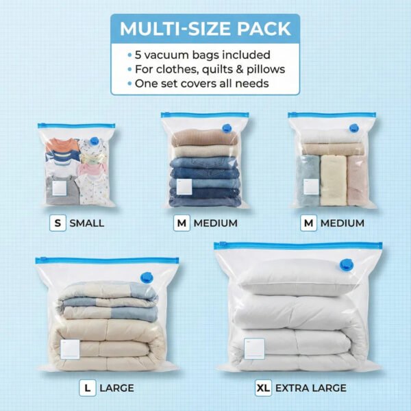 3030334.jpg Vacuum Storage Bags with Suction Pump & Shirt clips - Vacuum Bags - Big Capacity Vacuum Seal Bags for Travel Clothes Blankets Pillows, Compression Bags | Space Saver Vacuum Storage Bags (5 Pcs Set)