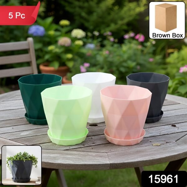 39415961-45Pc-Diamondflowerpot-Av-Sv.jpg Diamond Design Plastic Flower Pot Set with Drain Tray (5 Pc)