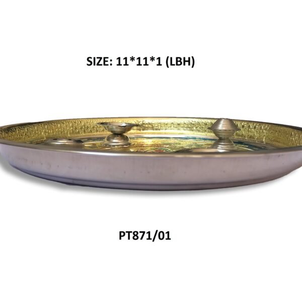 Stainless Steel Pooja Thali with Golden Chain, Diamond, Pearl & Fancy Stones