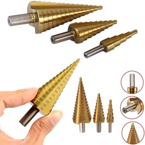 3_714aebc0-8783-4149-ae72-8175c6f75bd2.jpg 3X Large HSS Steel Step Cone Drill Titanium Bit Set Hole Cutter (4-32, 4-20, 4-12mm)