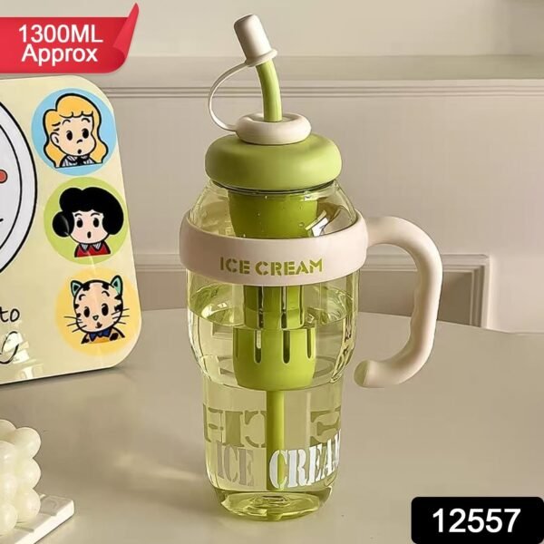Approx 1300ML Large Capacity Cute Ice Cream Themed Water Bottle with Handle, Straw
