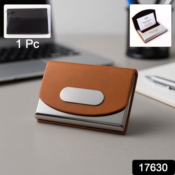 Leather & Stainless-Steel Business Card Holder (1 Pc)