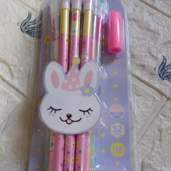 Cute Rabbit Bear Drawing Graphite Writing Pencil Set with Pencil Sharpener & Eraser, Pencil and Eraser Set with Eraser for Kids, for Girls, Fancy School Stationary, Birthday Party Return Gift (14 Pc Set)