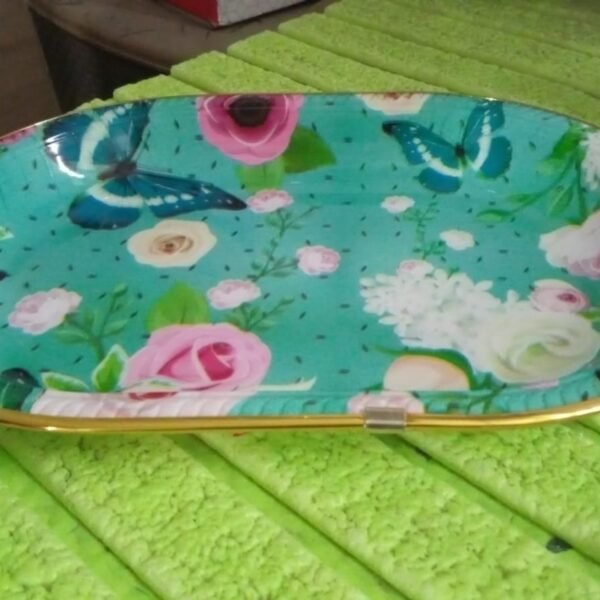 3e05602a-fe5e-45ab-b8c8-a65661e92ee4.jpg Big Plastic Flower Printed Design Serving Tray (1 Pc / 35 x 24 CM / Mix Color)