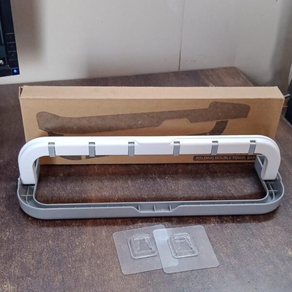 Wall-Mounted Double Bar Towel Holder with Hooks & Adjustable Folding Shelf