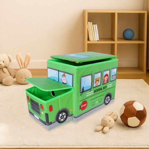 4300_foldable_storage_toy_box.jpg Foldable Bus Shape Toy Box Storage with Lid for Storage of Toys Basket Useful as Toy Organizer mountable Racks Surface Multipurpose Basket for Kids Wardrobe Cabinet Wood with Cloth Cover For Home Decor Books, Game, Baby Cloth (Mix Color & Design )