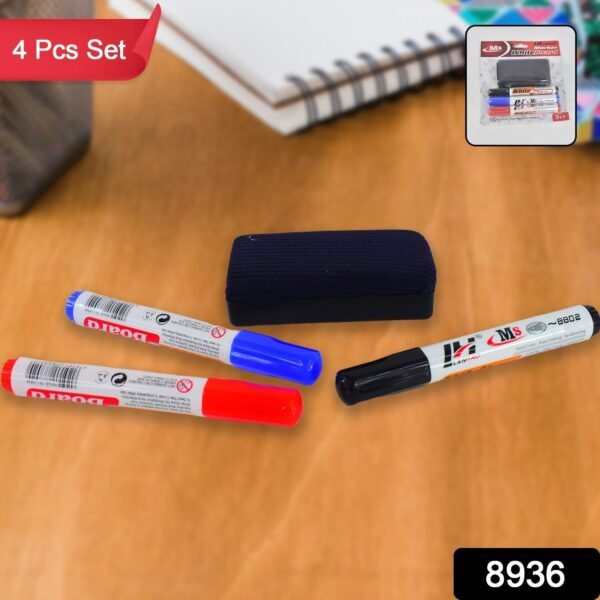 45de371c-6fdc-4684-b04b-303c30bede30.jpg Whiteboard Marker Set (Blue, Black, Red) with Board Duster - Pack of 4