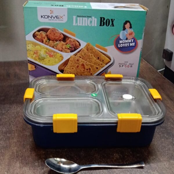 3 Compartment Transparent Stainless Steel Lunch Box for Kids
