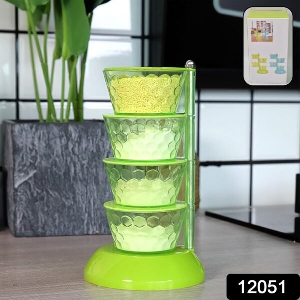 4 Section 360° Rotating Box Plastic Pickle Tower Spice Rack with 4 Spoons 1 Set