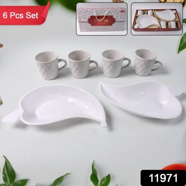 Unibic Ceramic Tea Cups With Plastic Leaf Shape tray / Platter (6 Pcs Set)