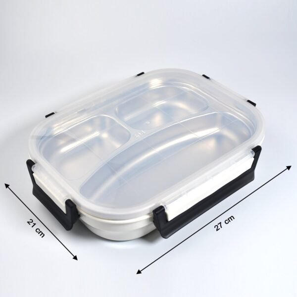 White Transparent Lunch Box – Stainless Steel with 3 Compartments for Kids & Adults