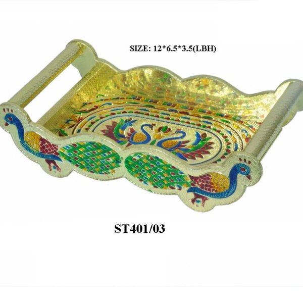 Peacock Design Glass with Handle and Handicraft Serving Tray Set
