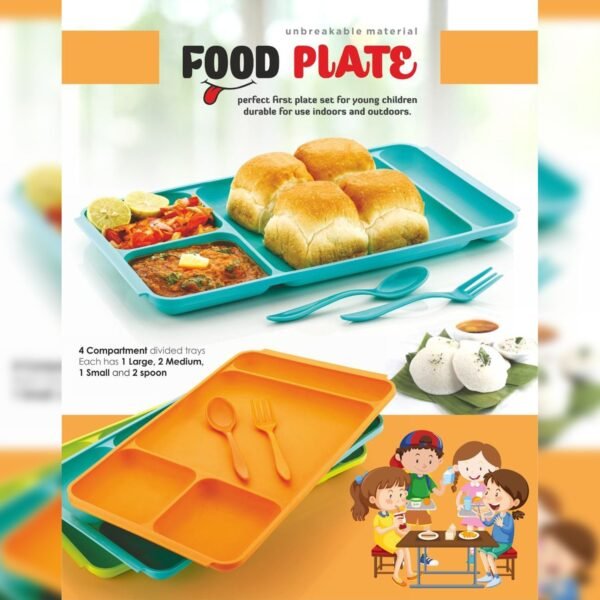 4-Compartment Plastic Dish Set with Spoon & Fork – Versatile Dinner & Pav Bhaji Plate