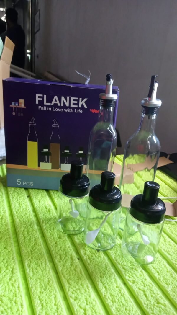 4a3e2959-a8a0-47d7-87c8-0fa7df935591.jpg Transparent Glass Oil Dispenser 500 ML Bottle Set of 2, Spice Jar 250 ML Set of 3, Oil Bottle for Kitchen, Oil & Vinegar Storage Glass Bottle, Glass Container for Spice, Masala (5 Pcs Set)