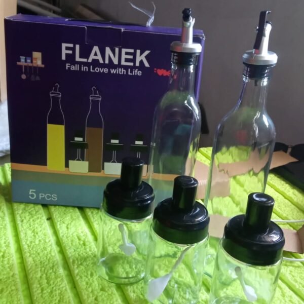 4a3e2959-a8a0-47d7-87c8-0fa7df935591.jpg Transparent Glass Oil Dispenser 500 ML Bottle Set of 2, Spice Jar 250 ML Set of 3, Oil Bottle for Kitchen, Oil & Vinegar Storage Glass Bottle, Glass Container for Spice, Masala (5 Pcs Set)