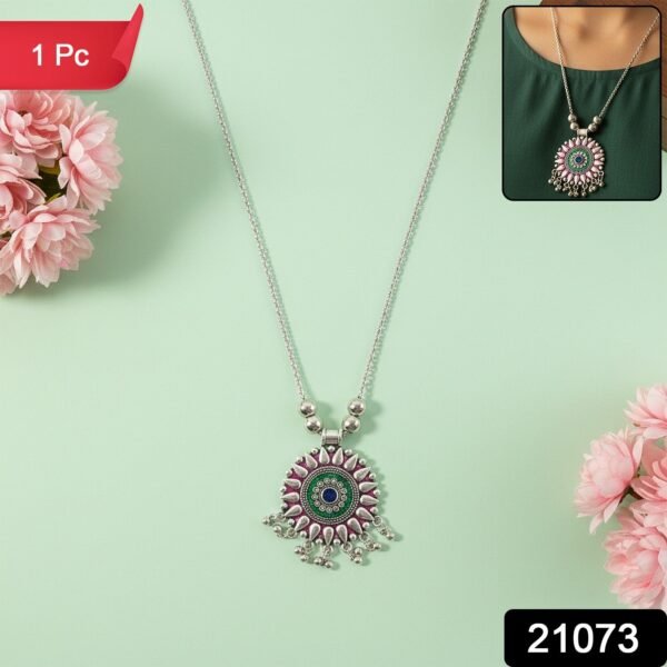 Antique Silver-Tone Oxidized Circular Enamel Pendant Necklace (1 Pc)