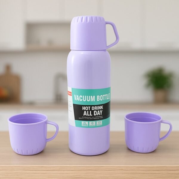 Vacuum Flask Set – Stainless Steel Thermos with 3 Cups, Approx 500ml