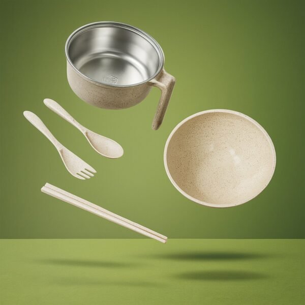 Rice Bowl Noodle Set – 6 Pcs with Lid, Handle & Cutlery