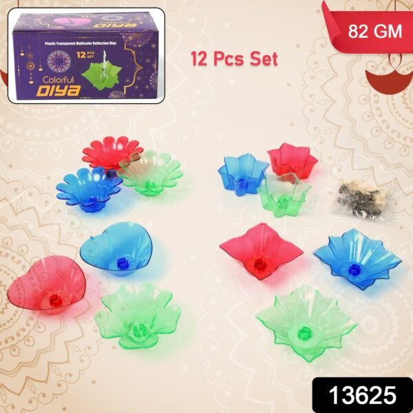 Colourful Reflection Diya Combo Plastic Candle Cup Multi Shape, Diwali (12 Pcs Set)