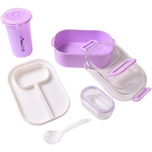 Plastic Lunch Box With Small Box, Bottle & Sponn for Kids Lunch Box (4 Pc Set)