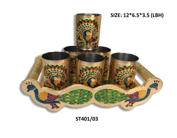 Peacock Design Glass with Handle and Handicraft Serving Tray Set