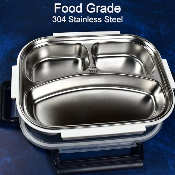 White Transparent Lunch Box – Stainless Steel with 3 Compartments for Kids & Adults