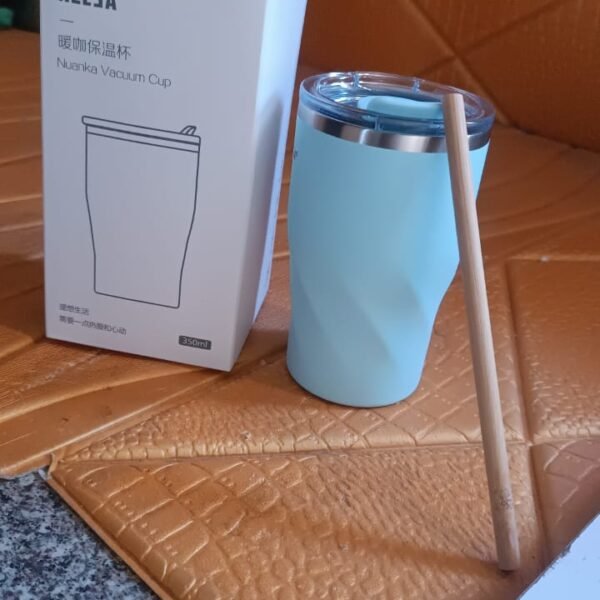 Stainless Steel Insulated Coffee Mug With Wooden Straw, Tumbler (350ml Approx)