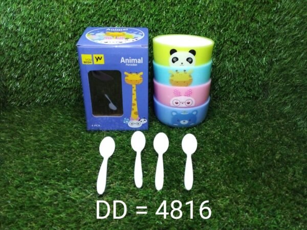 Plastic Animal Cartoon Bowl Set – 4 Pieces with Spoons for Kids (Assorted Color)