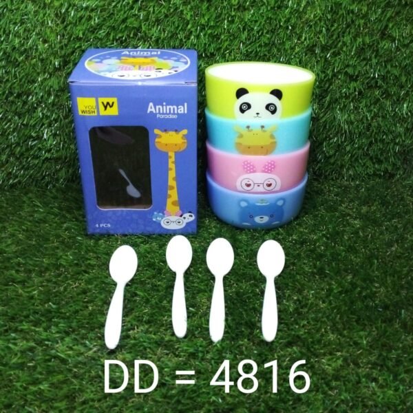 Plastic Animal Cartoon Bowl Set – 4 Pieces with Spoons for Kids (Assorted Color)