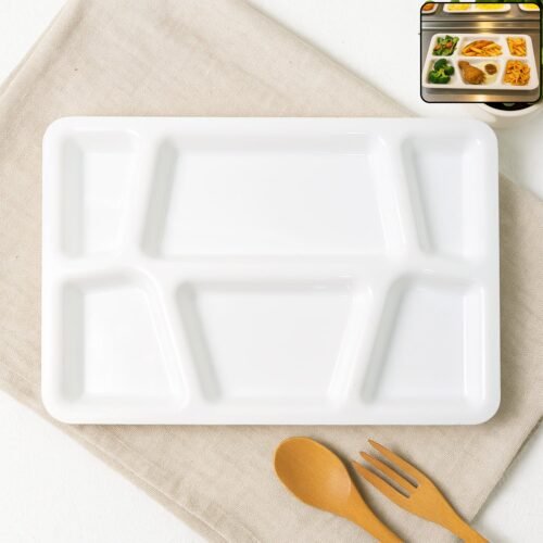 6-Compartment-Serving-Tray-01.jpg Plastic Multi-Compartment Rectangular Meal Serving Tray / Plate (1 Pc / White)