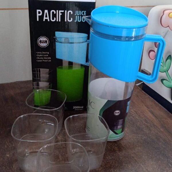 Transparent Premium Jug with Elegant Handle & 4 Plastic Glasses (2000 ML Approx)