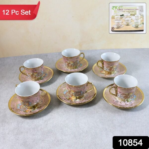 Premium Floral Porcelain Tea Cup and Saucer Set (12 Pc Set)