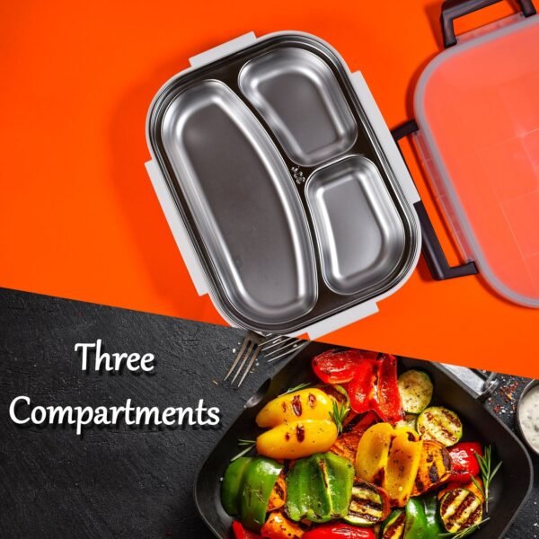 White Transparent Lunch Box – Stainless Steel with 3 Compartments for Kids & Adults