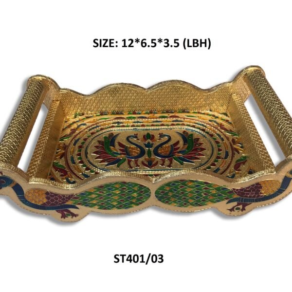 Peacock Design Glass with Handle and Handicraft Serving Tray Set