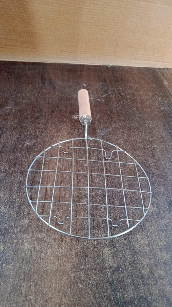 6a4e0740-2080-468c-b542-4ab492418cc8.jpg Kitchen Round Stainless Steel Roaster Papad Jali, Barbecue Grill with Wooden Handle