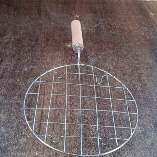6a4e0740-2080-468c-b542-4ab492418cc8.jpg Kitchen Round Stainless Steel Roaster Papad Jali, Barbecue Grill with Wooden Handle